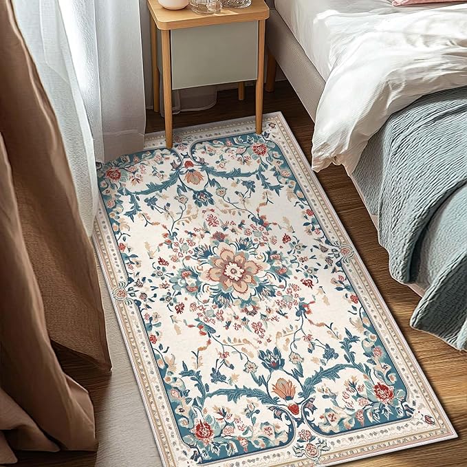 3x5 Boho Entryway Rug Beige Oriental Area Rug Indoor Entrance Non Slip Door Mat Stain Resistant Washable Machine Soft Low Pile Small Carpet Bathroom Kitchen