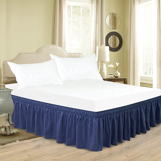 Biscaynebay Wrap Around Bed Skirts for Twin & Twin XL Beds 15" Drop, Navy Adjustable Elastic Dust Ruffles Easy Fit Wrinkle & Fade Resistant Silky Luxurious Fabric Machine Washable