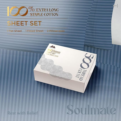 Mayfair Linen 100% Cotton Striped Sheets King Size Bed Set - 500 Thread Count Damask Sheets King Size 4 PC Set (Light Blue Stripe), Soft, Cooling, Sateen Weave Hotel-Quality 16" Deep Pocket Bedsheet