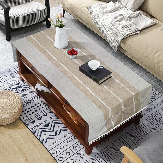 Coffee Table Cloth, Coffee Table Cover with Pockets and Tassel, Coffee Color for Living Room Small Rectangle Tablecloths Washer Dryer Fridge Top Dust Cover,Easy Care Machine Washable