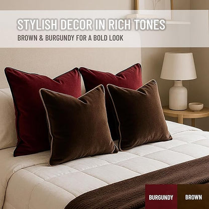 2 Pack Velvet Decorative Throw Pillow Covers, 20"x20", Brown and Camel, Solid, Modern, Contrast Piping, Indoor Use, Bedroom & Living Room