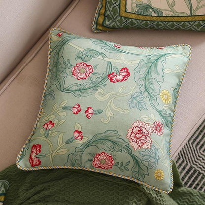 patdrea Designer Square Throw Pillow Covers,Farmhouse Linen with Green Floral Pattern Pillows Cover,Decorative Pillowcases Cushion for Bed Living Room Outdoor Car,18"x18"