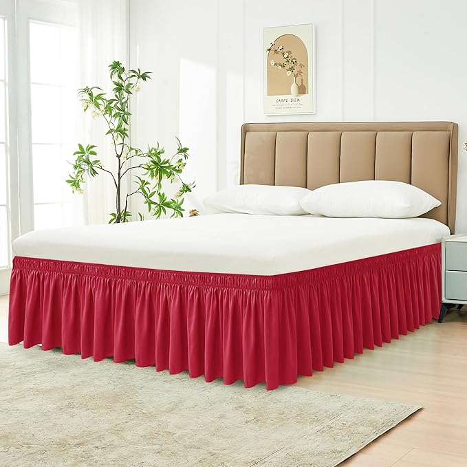 Biscaynebay Wrap Around Bed Skirts for King & Cal King Beds 18" Drop, Red Adjustable Elastic Dust Ruffles Easy Fit Wrinkle Resistant Silky Luxurious Fabric Machine Washable