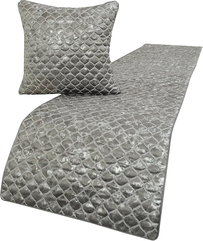 The HomeCentric King/Queen/Twin Grey & Silver Designer Queen 74"x18" Bed Runner Without Pillow Cover, Quilted, Foil & Trellis Bed Scarf on Silk Fabric - Jumanah