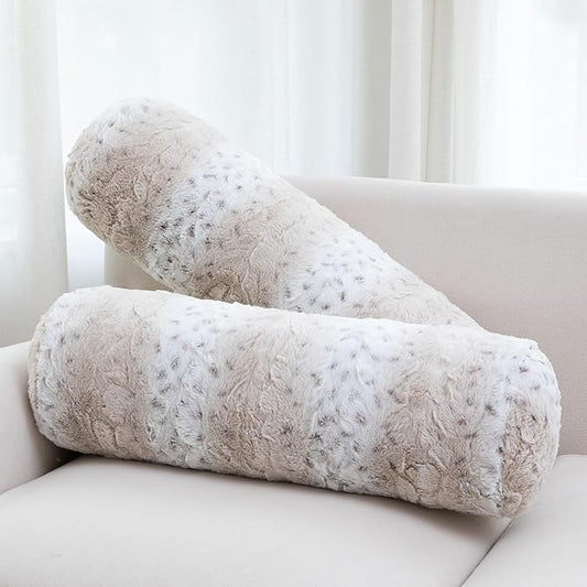 Cheer Collection Faux Fur Bolster Pillows – Soft Decorative Cylinder Pillows for Bed or Couch, Machine Washable – 8” x 24”, Set of 2, Snow Leopard