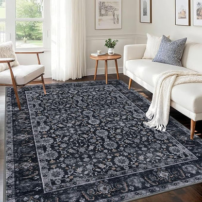 KUTA 5x7 Area Rugs, Vintage Washable Rugs for Living Room Black Grey Orange Ultra Thin Soft Non-Slip Printed Distressed Traditional Farmhouse Carpet for Bedroom Dining Room Dorm Office Home