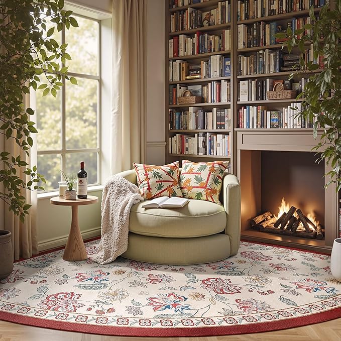 jinchan Elora Floral Corner Rug for Living Room Washable Rug Vintage Romance Christmas Design Non Slip Quarter Circle Lightweight Low-Pile Throw Carpet for Reading Playroom, 7ft Radius, Red/Beige