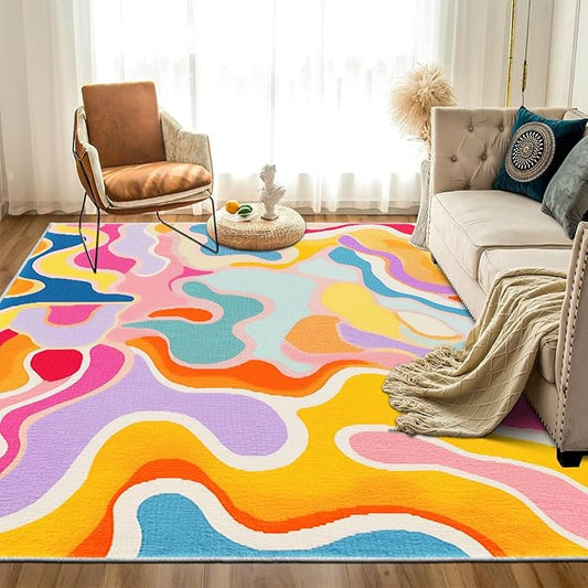 9CH Colorful Abstract Area Rug 7' X 5' 70s Aesthetic Colorful Striped Washable Faux Wool Rugs Non Slip Soft Cute Nursery Carpet for Girls Bedroom Dorm