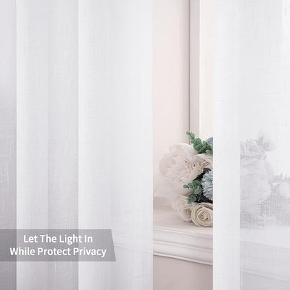 MIULEE 2 Panels 84 Inch Farmhouse Linen Sheer Window Curtains - Elegant Solid White Drapes With Grommet Top - Linen Textured Voile for Bedroom Living Room (52 X 84 Inch)