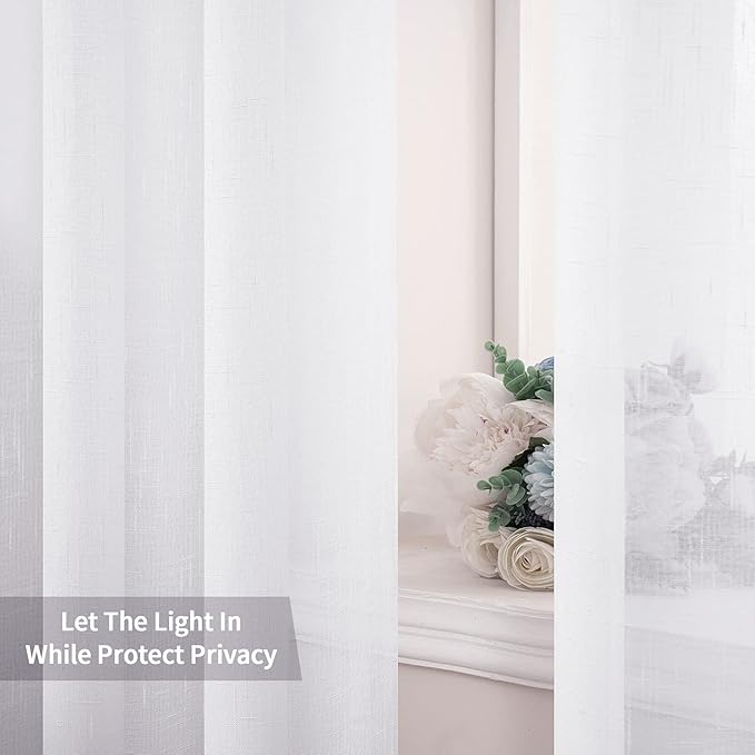 MIULEE Linen Sheer Curtains 108 Inch Long Elegant Solid Natural White Drapes Grommet Top Window Voile Panels Linen Textured Panels for Bedroom Living Room (52X108 Inch)