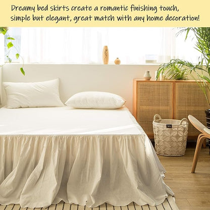 BISELINA French Linen Bed Skirt with Pleated Frills 22-Inch Tailored Drop Natural Flax Cotton Blend Dust Ruffle Soft Cozy Farmhouse Bedding (22" Queen, White)