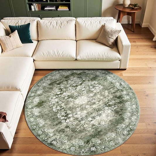 jinchan Round Rug 6ft Area Rug - Green Vintage Floor Mat Kitchen Indoor - Washable Circle 6' Thin Floral Print Christmas Carpet Retro Farmhouse Non Slip Dining Room Living Room Bedroom Office