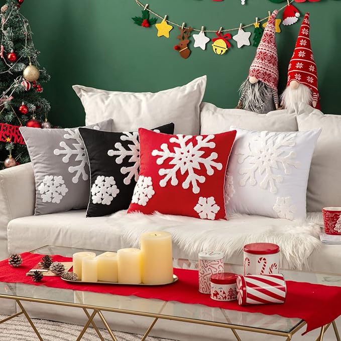 MIULEE Pack of 2 Christmas Decorative Snowflake Throw Pillow Covers Canvas Embroidery Winter Cushion Cases Holiday Decor Soft Pillowcases for Winter Couch Sofa Bedroom Car（Red, 20x20in）