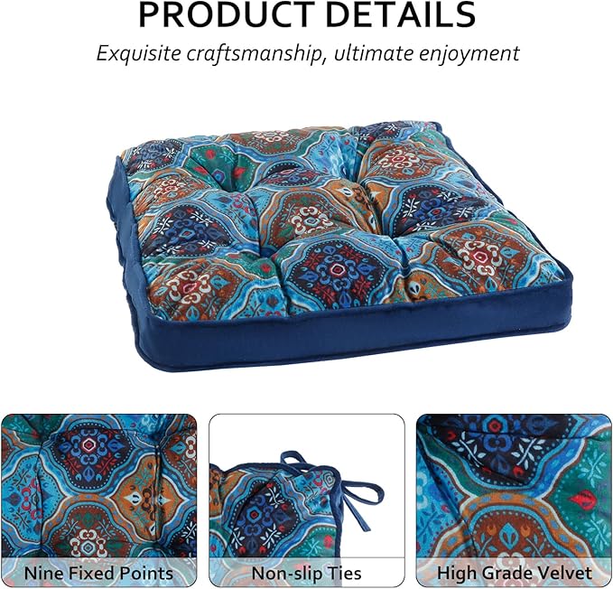 Bohemian Square Seat Cushions for Kitchen Dining Living Tea Room,16.5" x 16.5" Printing Velvet Chair Pads with Non-Slip Ties, 4Packs, Blue