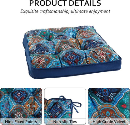 Bohemian Square Seat Cushions for Kitchen Dining Living Tea Room,16.5" x 16.5" Printing Velvet Chair Pads with Non-Slip Ties, 4Packs, Blue