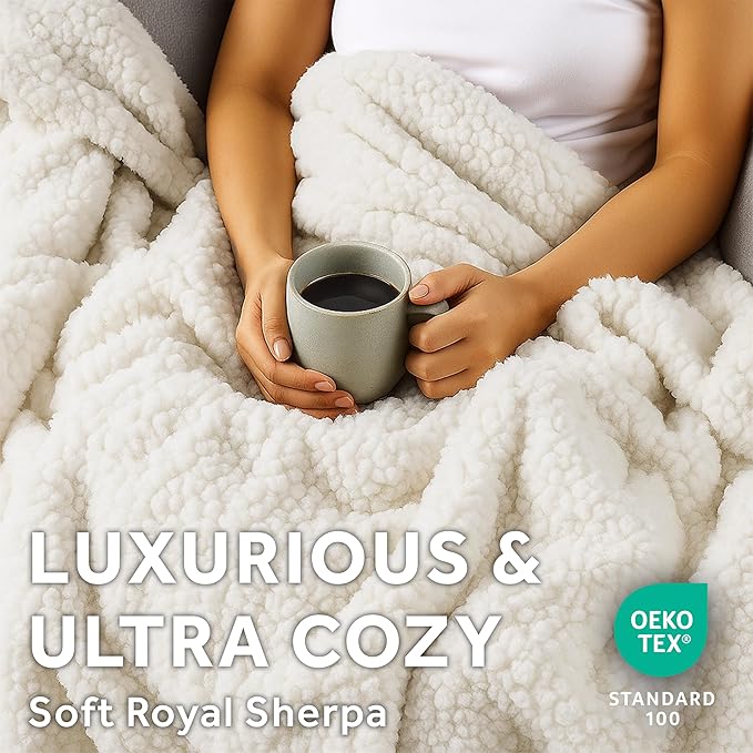 Sunbeam Royal Sherpa Foot Pocket Heated Throw Electric Blanket, 50" x 60", 4 Heat Settings, 4-Hour Auto Shut-Off, Warming Throw for Couch or Bed, Fast Heating, Machine Washable, Natural