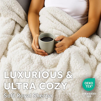 Sunbeam Royal Sherpa Foot Pocket Heated Throw Electric Blanket, 50" x 60", 4 Heat Settings, 4-Hour Auto Shut-Off, Warming Throw for Couch or Bed, Fast Heating, Machine Washable, Natural
