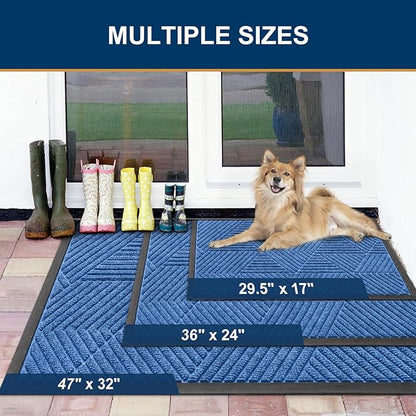 Smiry Front Door Mat Outside Entrance, Heavy Duty Sturdy Natural Rubber Doormat, Trap Dirt and Moisture, Easy Clean Low Profile Mats for Indoor Outdoor Entry, Irregular Triangle (59x24, Blue)