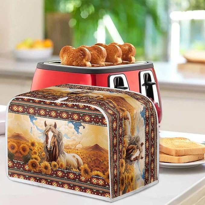 Aztec Horse Sunflower Printed Toaster Cover for Home, Tribal Horse Printed Bread Maker Cover Dirt and Fingerprint Protection, 2 Slice Toaster Oven Covers Kitchen Accessories