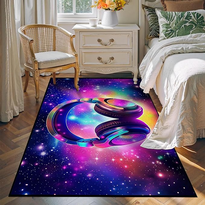 Galaxy Game Area Rug Large Music Headphone Rugs Colorful Throw Rug Non-Slip Carpet Doormats for Living Room Bedroom Apartment Dorm Floor Mat 71 in x 47 in