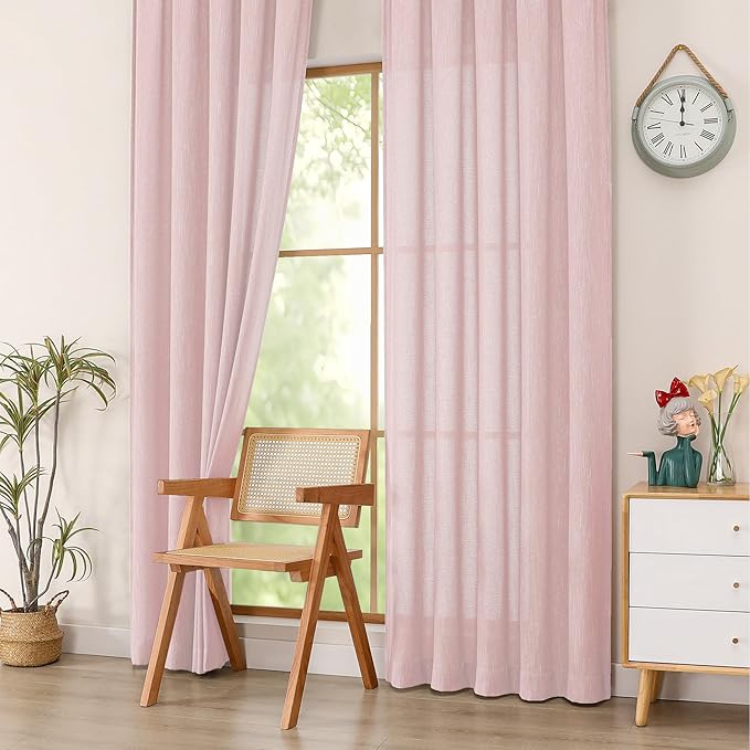 Simplebrand Blush Faux Linen Textured Semi Sheer Curtains 108 Inches Long 2 Panels for Living Room, Privacy Extra Long Light Filtering Farmhouse Thick Window Drapes for Large Window, 50 x 108 Inch