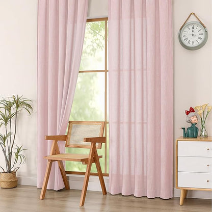 Simplebrand Blush Faux Linen Textured Semi Sheer Curtains 96 Inches Long 2 Panels Set, Light Filtering Soft Thick Farmhouse Curtains Window Treatment for Bedroom/Living Room/Dining Room, 50 x 96 Inch