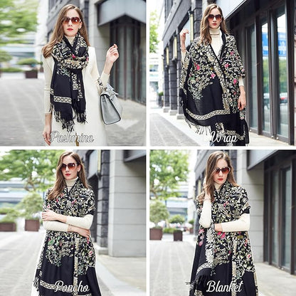 DANA XU 100% Merino Wool Extra Large Pashmina Blanket Travel Scarf Cashmere Wrap for Women Fall Winter Oversize Shawl Floral