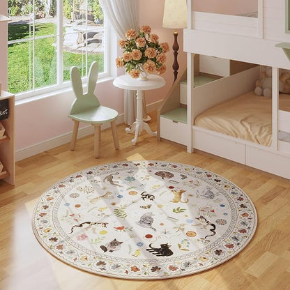 Rugcomf Round Rug 4ft Washable Circle Rug Non Slip Low Pile Boho Floral Animal Cat Small Circular Rug for Bedroom Bathroom Entryway Kids Room Office College Dorm, Beige