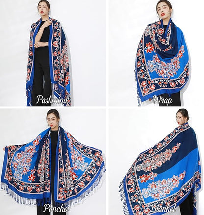 DANA XU 100% Merino Wool Pashmina Shawl for Women 96"x43", Oversized Cashmere Wrap with Tassels, Floral Travel Blanket Cape