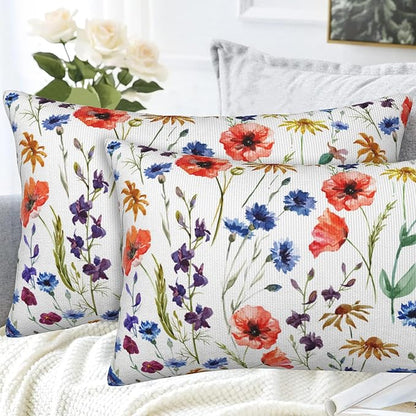 Wildflowers Throw Pillow Covers Set of 2 Watercolor Poppy Pillow Covers 20x12 Inch Modern Farmhouse Home Decorative Pillow Cases Cushion Cover for Sofa Living Room Office