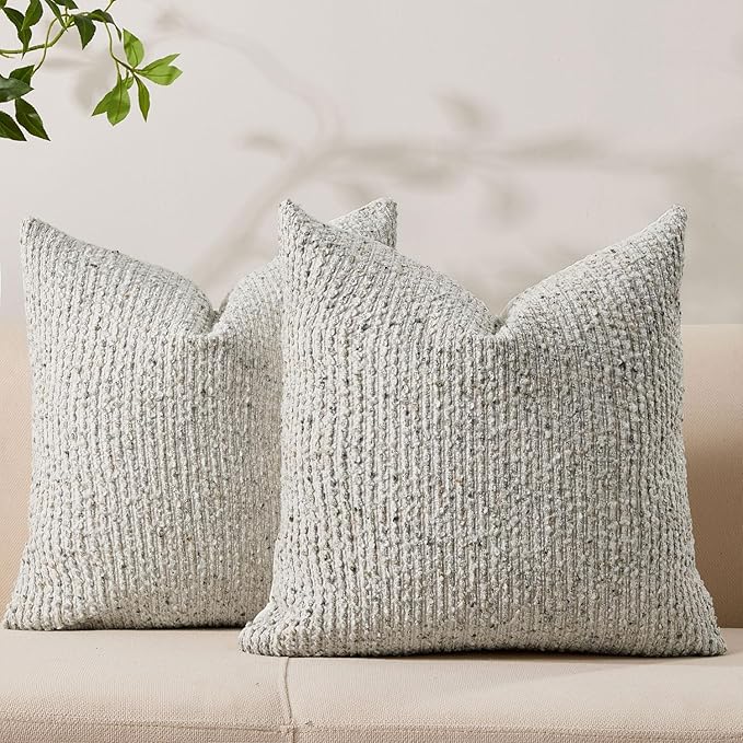 Decorative Couch Throw Pillow Covers 18x18 Set of 2 Cream Gray Striped Soft Wool Pillow Covers Neutral Textured Boho Cushion Covers for Modern Farmhouse Sofa Bedroom Living Room Decor SY012-B18