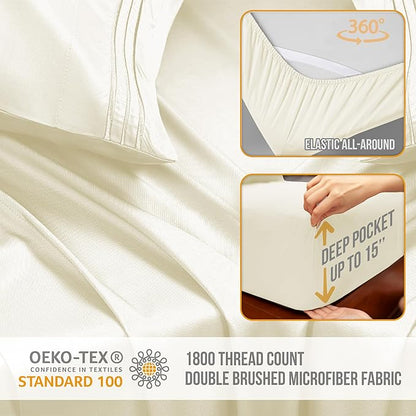 Full Size Bed Sheets Cooling - Luxury Hotel Sheet Set - Soft Sheets with Elastic Corner Straps - Deep Pocket Microfiber Bedsheets - Bedding Sheet & Pillowcases - 4 PC (Full Size, Ivory)