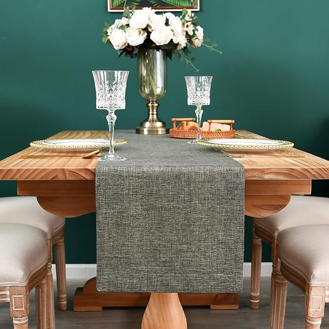 NEWISHER Farmhouse Rustic Table Runner Dark Grey Rectangular Table Runners Faux Linen Table Runner for Everyday Use Kitchen Dining Party Table 13x48 Inch