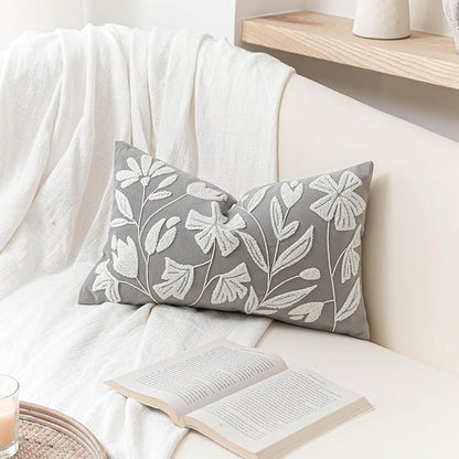 BlissBlush Grey Velvet Decorative Lumbar Throw Pillow Cover 12X20, Light Gray Floral Tufted Soft Farmhouse Textured Pillowcase, Accent Pillowcase for Couch Sofa Bed Living Room