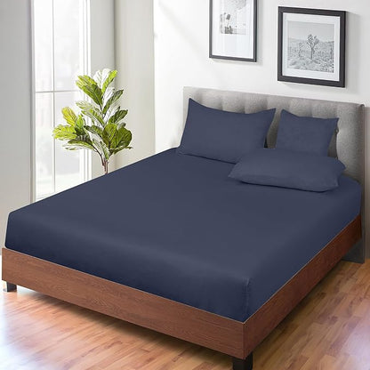 ROYALE LINENS 300 Thread Count 100% Long Staple Combed Cotton Fitted Sheet Queen - Super Soft Deep Pocket Bottom Sheet - Fitted Sheets Only - Elastic Sheets (Queen, Navy)