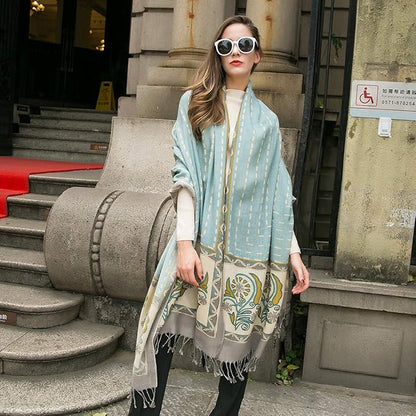 DANA XU 100% Merino Wool Pashmina Shawl for Women 96"x43", Oversized Cashmere Wrap with Tassels, Floral Travel Blanket Cape