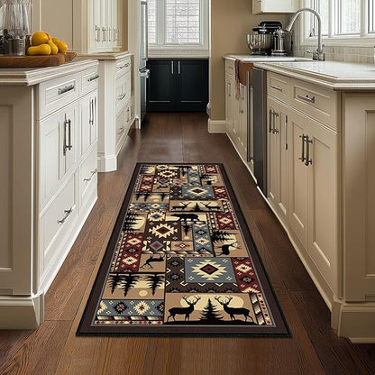 Rustic Cabin Wildlife Runner Rug 2x5,Buffalo Plaid Bear Moose Deer Country,Vintage Throw Carpet Washable Kitchen Rugs Farmhouse Hallway Runners Non Slip Floor Accent Carpet for Entryway Bedroom