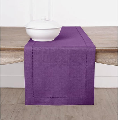 Solino Home Linen Table Runner 90 Inches Long - Classic Hemstitch 100% Pure Linen Purple Dining Table Runner 14 x 90 Inch for Holiday, Christmas, New Year