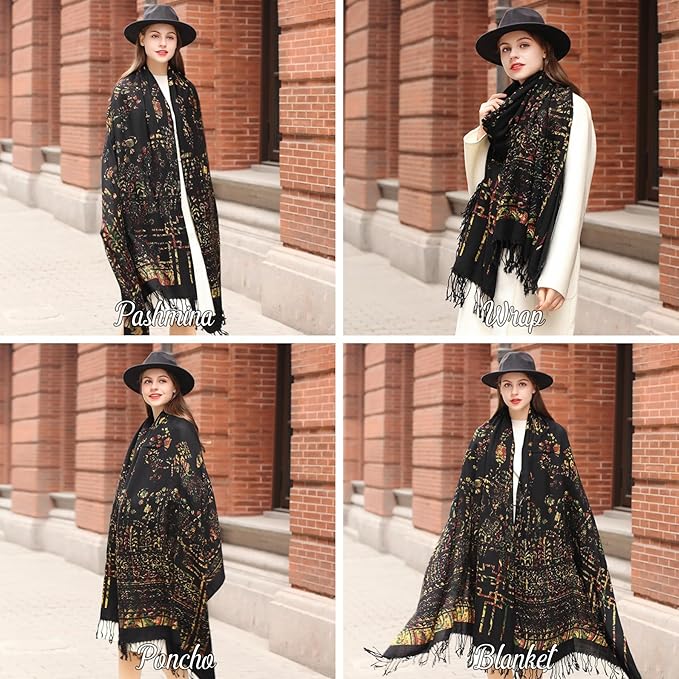 DANA XU 100% Merino Wool Pashmina Shawl for Women 96"x43", Oversized Cashmere Wrap with Tassels, Floral Travel Blanket Cape