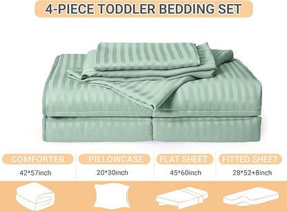 ZPECC Toddler Bedding Set - 4 Piece Hypoallergenic Baby Crib Bedding Set for Boys and Girls, Includes Toddler Comforter, Flat Sheet, Fitted Sheet and Pillowcase, Green Stripe