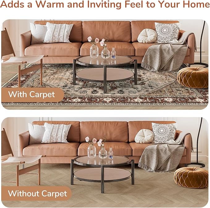 OPPODREAM Thin Area Rugs 9x12 Living Room, Washable Rugs 9x12 with Non Slip Backing, Faux Cashmere Low-Pile 9 x 12 Carpet, Brown