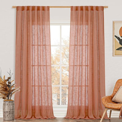 LAMIT Terracotta Linen Curtains for Living Room 108 inch Length 2 Panels, Light Filtering Semi Sheer Panels Back Tab and Rod Pocket Fall Panels for Bedroom/Sliding Glass Door, 52 x 108 Inch