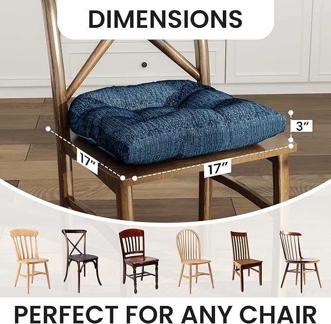 Klear Vu Gripper Overstuffed Universal Non-Slip Dining Chair Cushions for Kitchen Decor or Office Use, U-Shaped Skid-Proof Seat Pad, 17x17 Inches, 2 Count (Pack of 1), Chenille Sapphire Blue