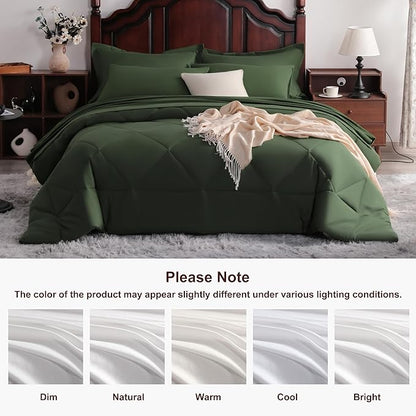 NTBAY Queen Comforter Set with Sheets, 7 Pieces Soft and Breathable Queen Bedding Set, Bed in a Bag, Down Alternative Comforter Set Solid Color All Season, Queen Bedding Set, Olive Green