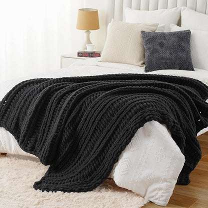Battilo Chunky Knit Throw Blanket for Couch, Dark Grey Chenille Throw Blanket Thick Warm Cozy Soft Cable Knitted Blanket for Sofa,Bed, Living Room, 50"x60"