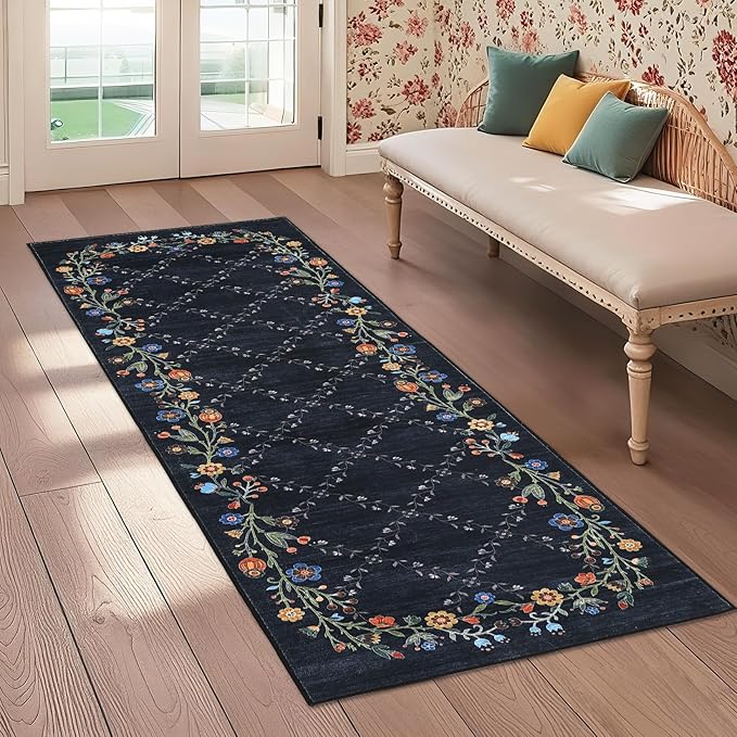 GarveeHome 2x6 Washable Floral Runner Rugs for Hallway: Modern Floral Non Slip Large Runner Rugs for Kitchen, Large Machine Washable Hallways Low Pile Carpet with Non-Slip Backing Black 2 ft x6 ft.