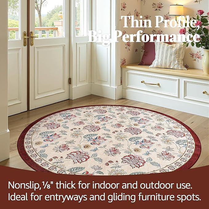 jinchan Elora 5ft Floral Round Rug for Entryway Washable Rug Vintage Romance Christmas Design Non Slip Indoor Doormat Lightweight Low-Profile Throw Carpet for Living Room Dining Room, Red/Beige