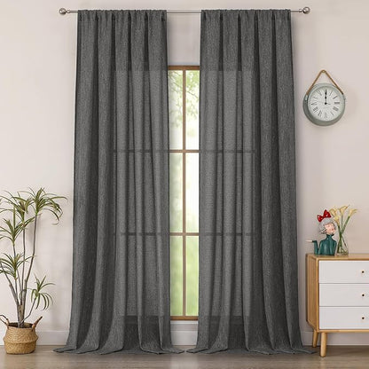 Simplebrand Grey Semi Sheer Faux Linen Textured 120 Inches Long Curtains 2 Panels Set, Privacy Farmhouse Window Drapes for Living Room/Birthday Party/Hallway Window Guest Room, 10FT, 50 x 120 Inch