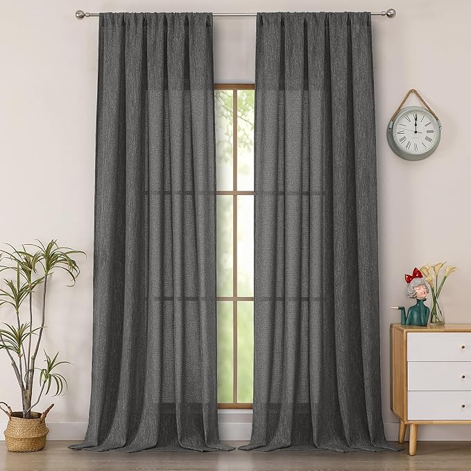 Simplebrand Grey Faux Linen Textured Semi Sheer Curtains 108 Inches Long 2 Panels for Living Room, Privacy Extra Long Light Filtering Farmhouse Thick Window Drapes for Large Window, 50 x 108 Inch