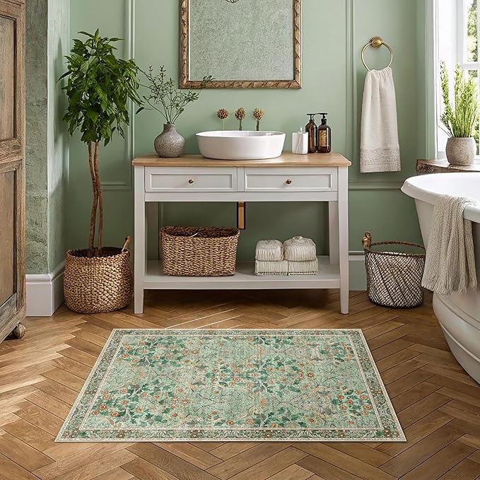 MUJOO 2x3 Washable Rug,Green Floral Small Area Rugs for Bathroom Entryway Entry Bedroom Bedside,Boho Front Door Mat Indoor Entrance Throw Carpet Botanical Vintage Non Slip Ultra-Thin